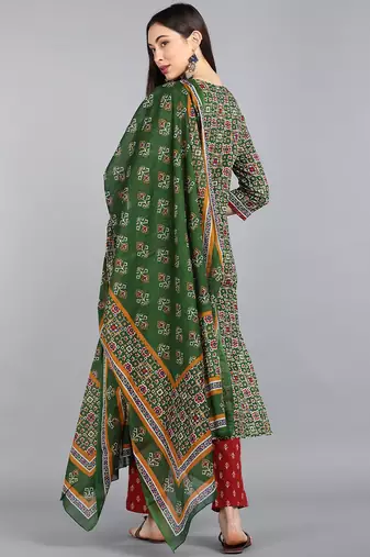 green color printed pure cotton styles kurta trouser with dupatta