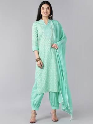 sea green color printed pure cotton styles kurta salwar with dupatta 1