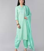 sea green color printed pure cotton styles kurta salwar with dupatta