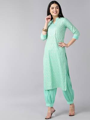 sea green color printed pure cotton styles kurta salwar with dupatta 3