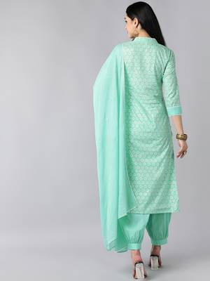 sea green color printed pure cotton styles kurta salwar with dupatta 4