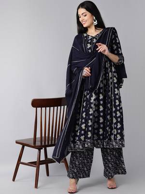 navy blue color printed pure cotton styles kurta palazzo with dupatta 1