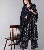 navy blue color printed pure cotton styles kurta palazzo with dupatta