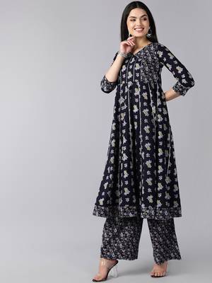 navy blue color printed pure cotton styles kurta palazzo with dupatta 3