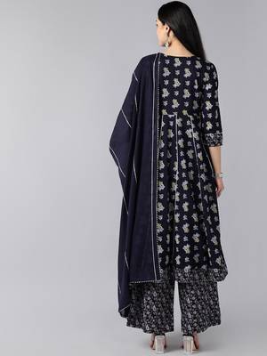 navy blue color printed pure cotton styles kurta palazzo with dupatta 4