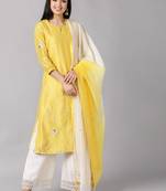 yellow color embroidered silk blend styles kurta palazzo with dupatta