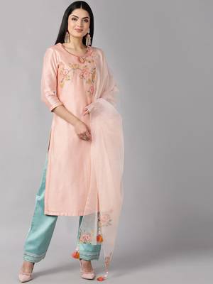 peach color embroidered poly silk styles kurta trouser with dupatta 1