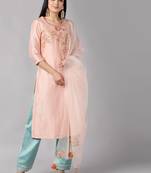 peach color embroidered poly silk styles kurta trouser with dupatta