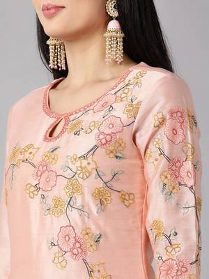 peach color embroidered poly silk styles kurta trouser with dupatta 2