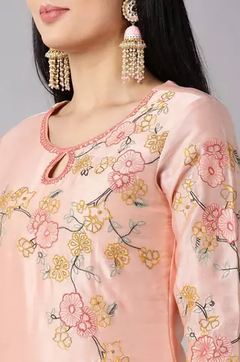 peach color embroidered poly silk styles kurta trouser with dupatta