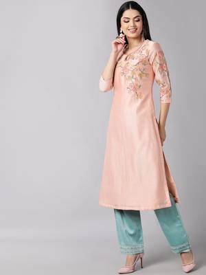 peach color embroidered poly silk styles kurta trouser with dupatta 3