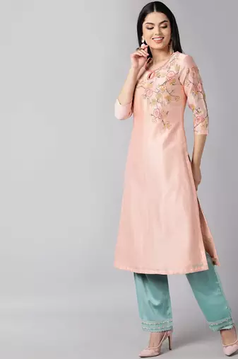 peach color embroidered poly silk styles kurta trouser with dupatta