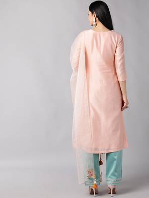 peach color embroidered poly silk styles kurta trouser with dupatta 4