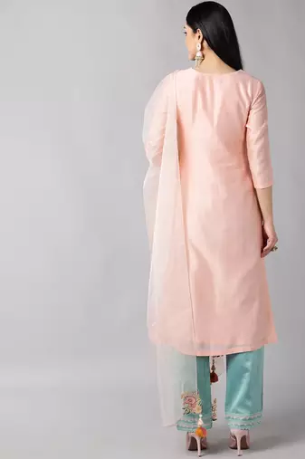peach color embroidered poly silk styles kurta trouser with dupatta
