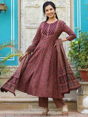 maroon color printed rayon blend styles kurta trouser with dupatta 1