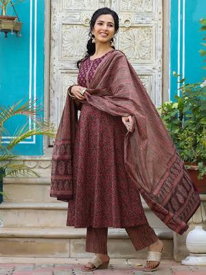 maroon color printed rayon blend styles kurta trouser with dupatta 2
