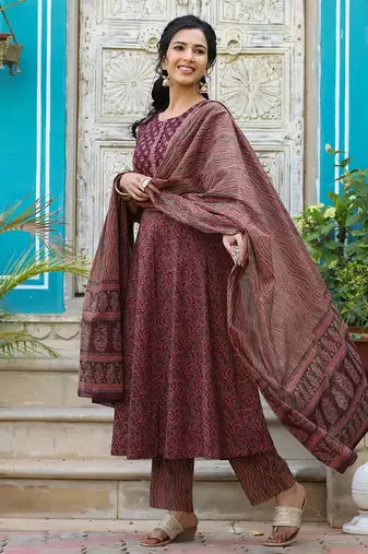maroon color printed rayon blend styles kurta trouser with dupatta
