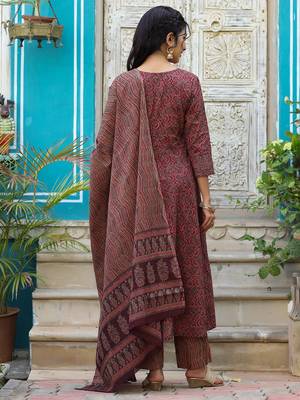 maroon color printed rayon blend styles kurta trouser with dupatta 3