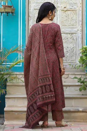 maroon color printed rayon blend styles kurta trouser with dupatta
