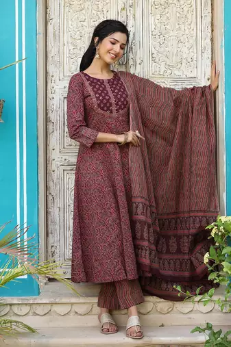 maroon color printed rayon blend styles kurta trouser with dupatta