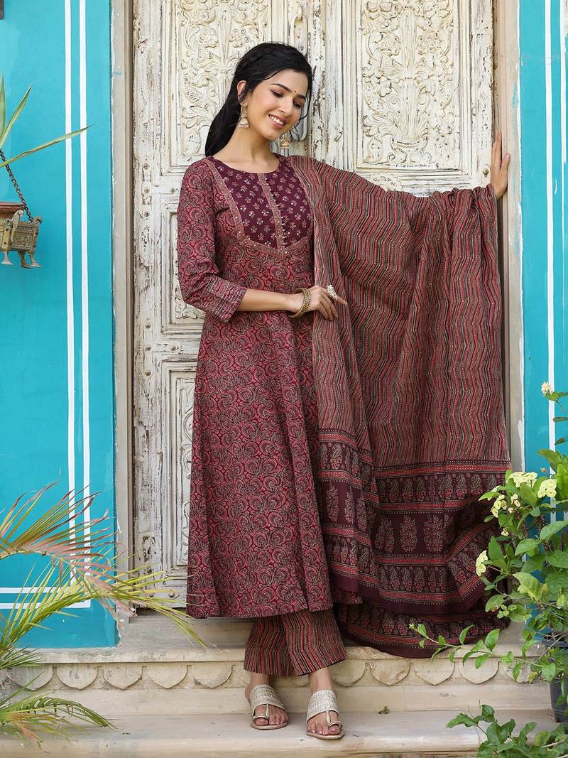maroon color printed rayon blend styles kurta trouser with dupatta