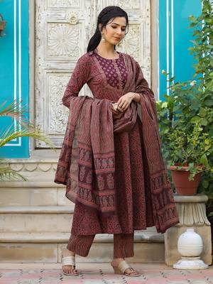 maroon color printed rayon blend styles kurta trouser with dupatta 5
