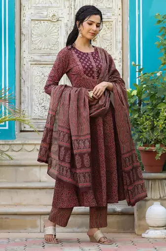 maroon color printed rayon blend styles kurta trouser with dupatta