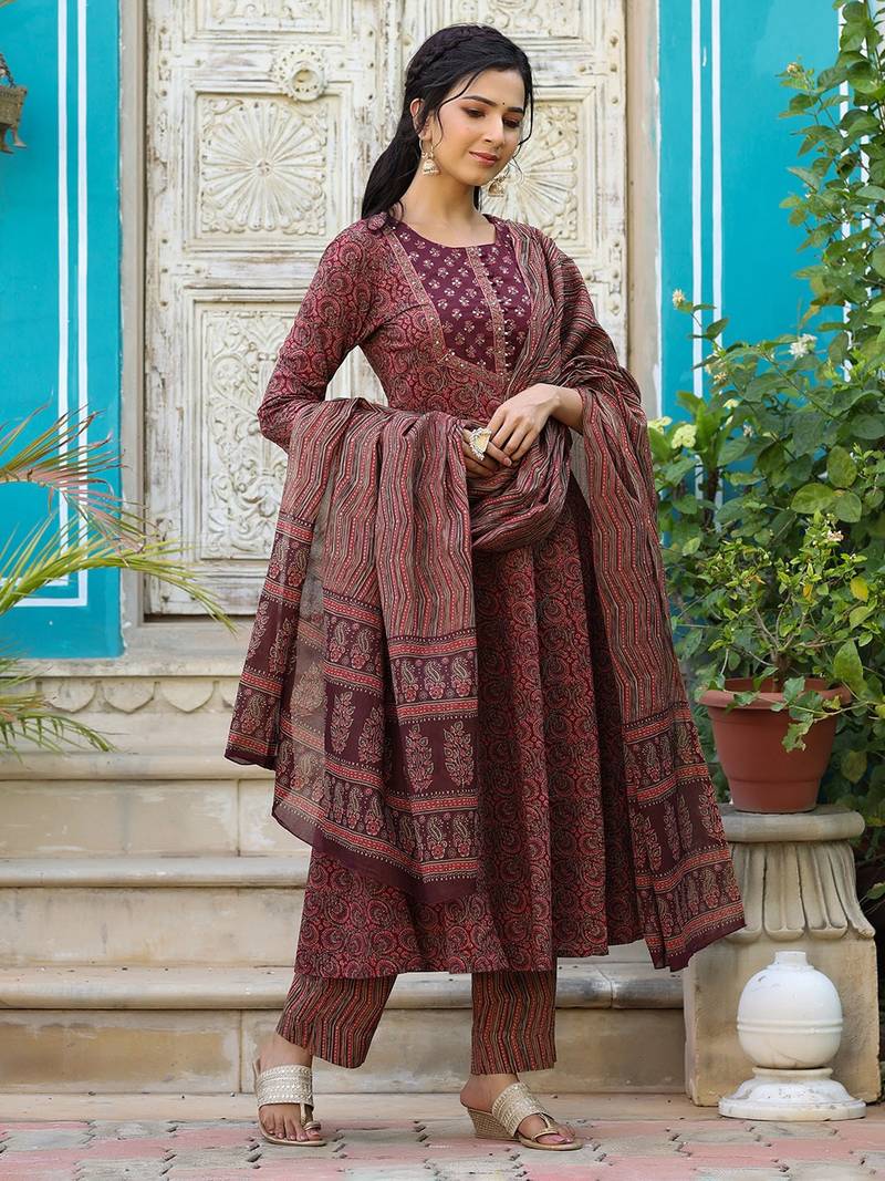 maroon color printed rayon blend styles kurta trouser with dupatta