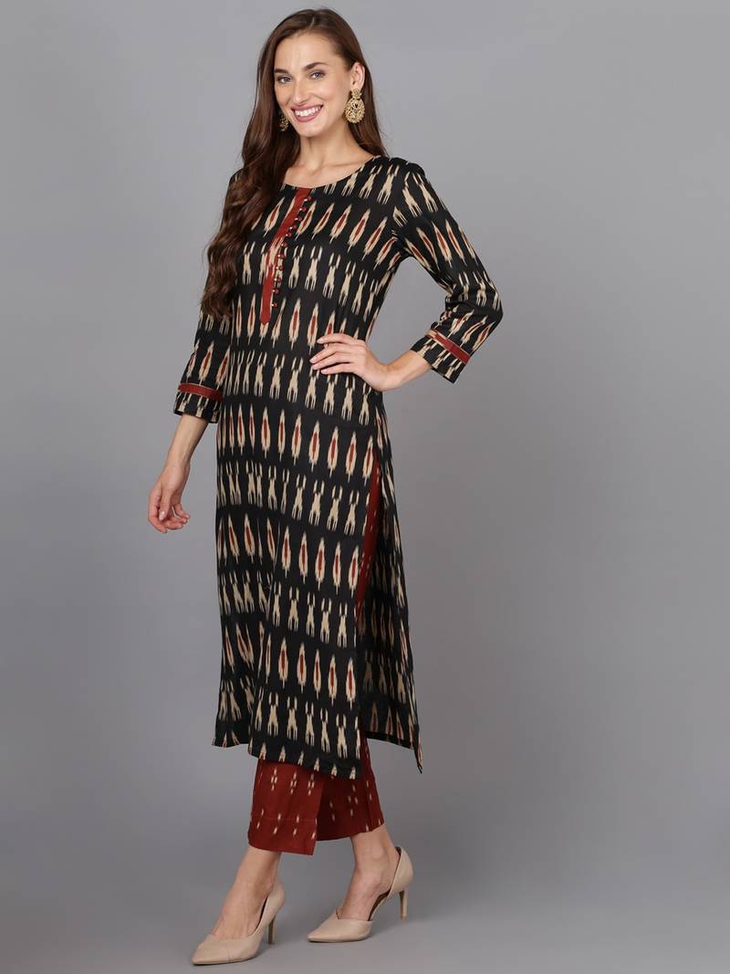 black color printed rayon blend styles kurta trouser with dupatta