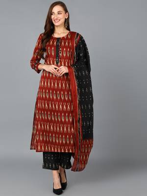 maroon color printed rayon blend styles kurta trouser with dupatta 1