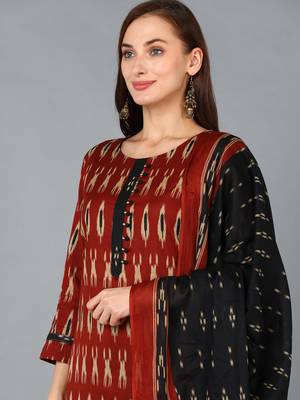 maroon color printed rayon blend styles kurta trouser with dupatta 2