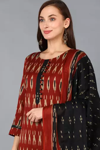 maroon color printed rayon blend styles kurta trouser with dupatta