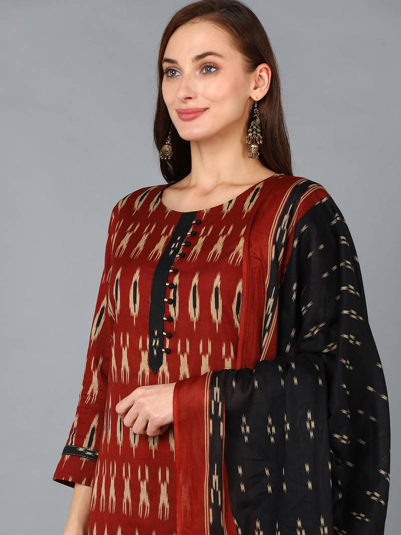 maroon color printed rayon blend styles kurta trouser with dupatta