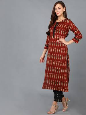 maroon color printed rayon blend styles kurta trouser with dupatta 3
