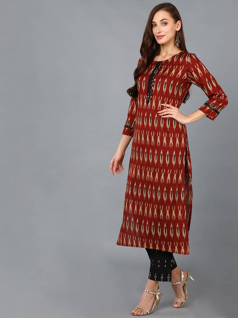 maroon color printed rayon blend styles kurta trouser with dupatta