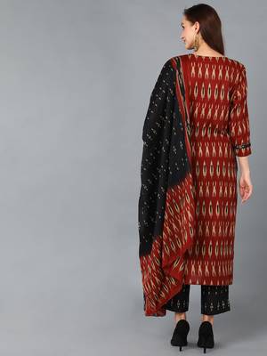 maroon color printed rayon blend styles kurta trouser with dupatta 4
