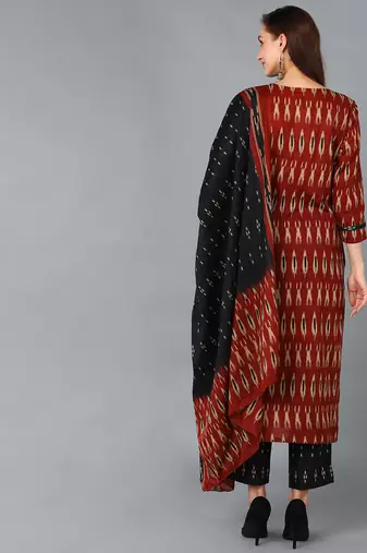 maroon color printed rayon blend styles kurta trouser with dupatta