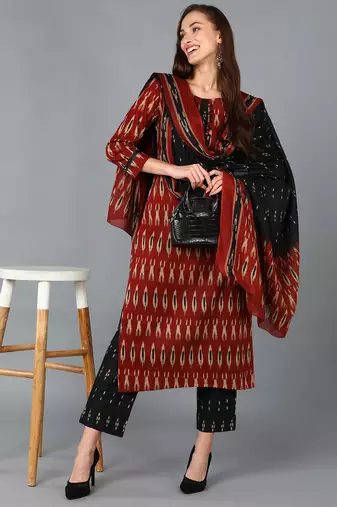 maroon color printed rayon blend styles kurta trouser with dupatta