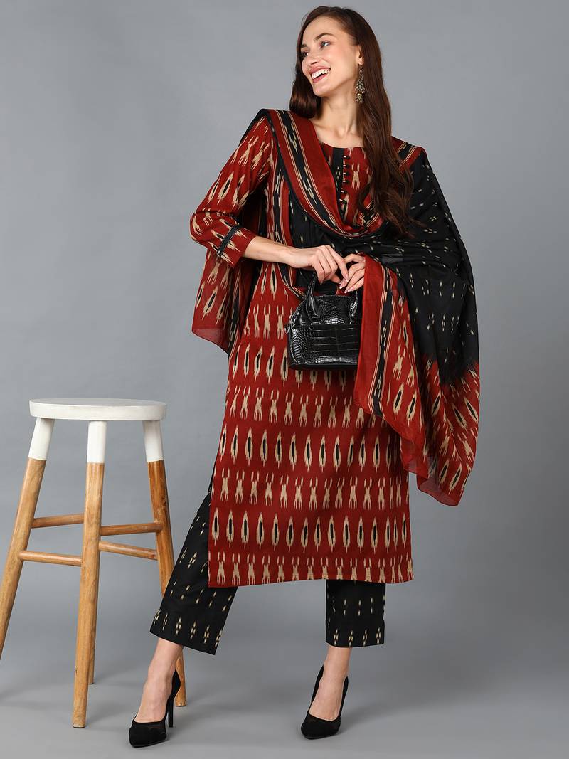 maroon color printed rayon blend styles kurta trouser with dupatta