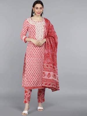 pink color embroidered pure cotton styles kurta trouser with dupatta 1