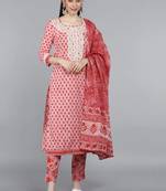 pink color embroidered pure cotton styles kurta trouser with dupatta