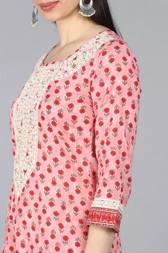 pink color embroidered pure cotton styles kurta trouser with dupatta