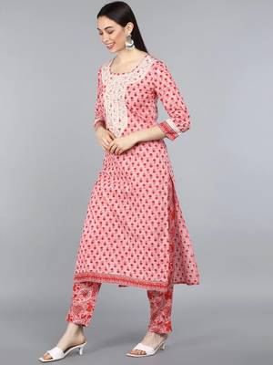 pink color embroidered pure cotton styles kurta trouser with dupatta 3