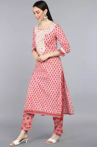 pink color embroidered pure cotton styles kurta trouser with dupatta