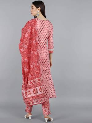 pink color embroidered pure cotton styles kurta trouser with dupatta 4