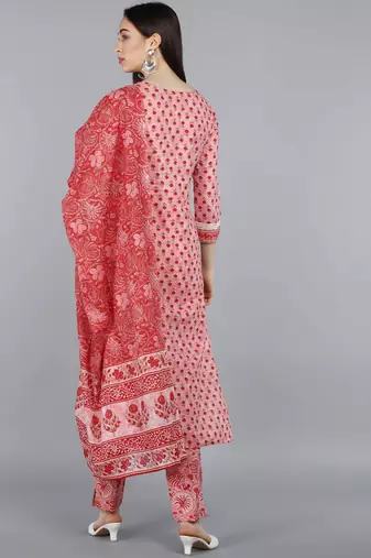pink color embroidered pure cotton styles kurta trouser with dupatta