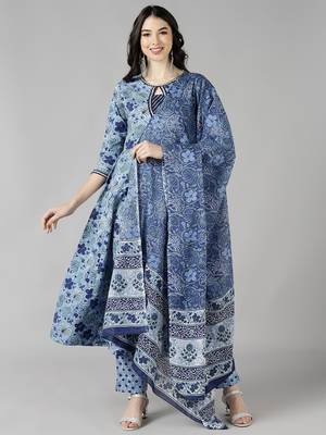 blue color printed pure cotton styles kurta trouser with dupatta 1