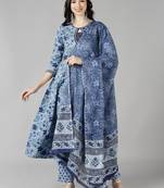 blue color printed pure cotton styles kurta trouser with dupatta