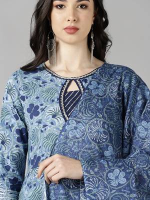 blue color printed pure cotton styles kurta trouser with dupatta 2