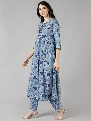 blue color printed pure cotton styles kurta trouser with dupatta 3